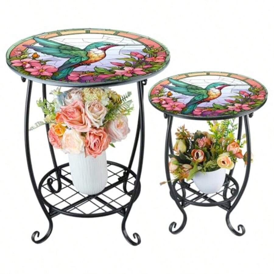 Mesa auxiliar para exteriores 2 unidades 30 5 cm y 40 6 cm diseño de mosaico redondo para interiores planta de metal mesa de té para patio porche jardín patio sala de estar 12 y - Multi colorido - Ver 1