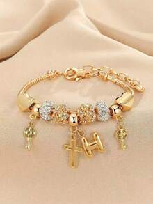 1pc 26 Letter, Heart, Cross, Flower Beaded Bracelet, Fashionable Youth Keychain, Cross Pendant Bracelet - Multicolor - View 61