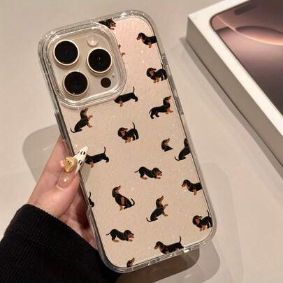 1 pieza Funda protectora de teléfono con patrón de perro salchicha de moda, transparente y con brillo, a prueba de golpes y de cobertura completa, adecuada para iPhone 17/17 Pro/17 Pro Max/17 Air/16/11/16 Pro/16 Plus/16 Pro Max/16e/15 Pro Max/13/14/12/11/7G/8P, opción ideal para entusiastas de la moda con un diseño minimalista y elegante