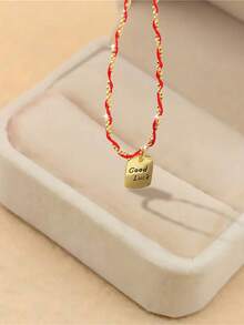 1件S925纯银简约新款中国风长方形“好运”刻字手链，女士时尚个性化编织红绳精致森系学生友谊礼物，有意义的节日礼物 - 方形 - 查看 6