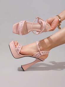 Fashionable Lace Embroidered High Heel Sandals, Sexy Party Shoes, Open Toe Square Heel Mules, Pink High Heels For Women - Pink - View 5