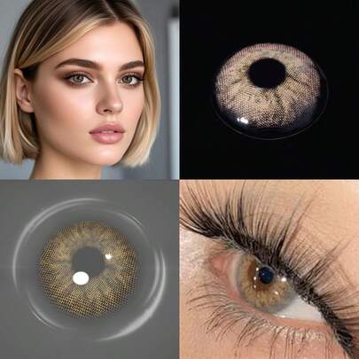  Lalens Fresh Look Green Brown Contact Lenses, 2pcs/Box, Diameter 14.2mm, Curvature 8.6mm, Annual Replacement, 38% Water Content, Magnifying Lens, Locked Edge Design, Grey Colored Contacts, Popular In Europe And America, Suitable For Christmas Parties, Daily Dates Or Holiday Wear, Comfortable And Natural.