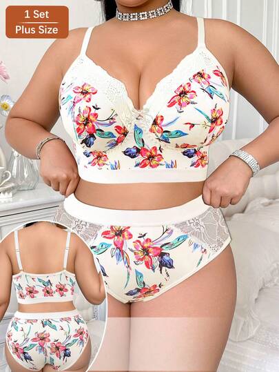 Plus Size Women Floral Print Bra Set, Wireless Soft & Comfortable Lingerie Set