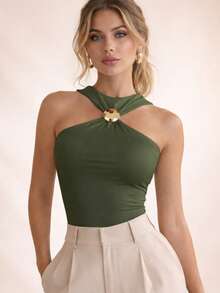 Women's Blouse With Buckle - Elegant, Stylish, Chic, Comfortable, Casual, , Fashionable, Blogger-Friendly, Summer 2026 - 軍綠色 - 查看 1