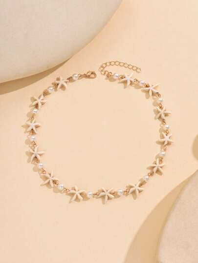 1pc Bohemian Style Starfish & Faux Pearl Decor Necklace, Fashion Jewelry For Girls Daily & Beach Vacation