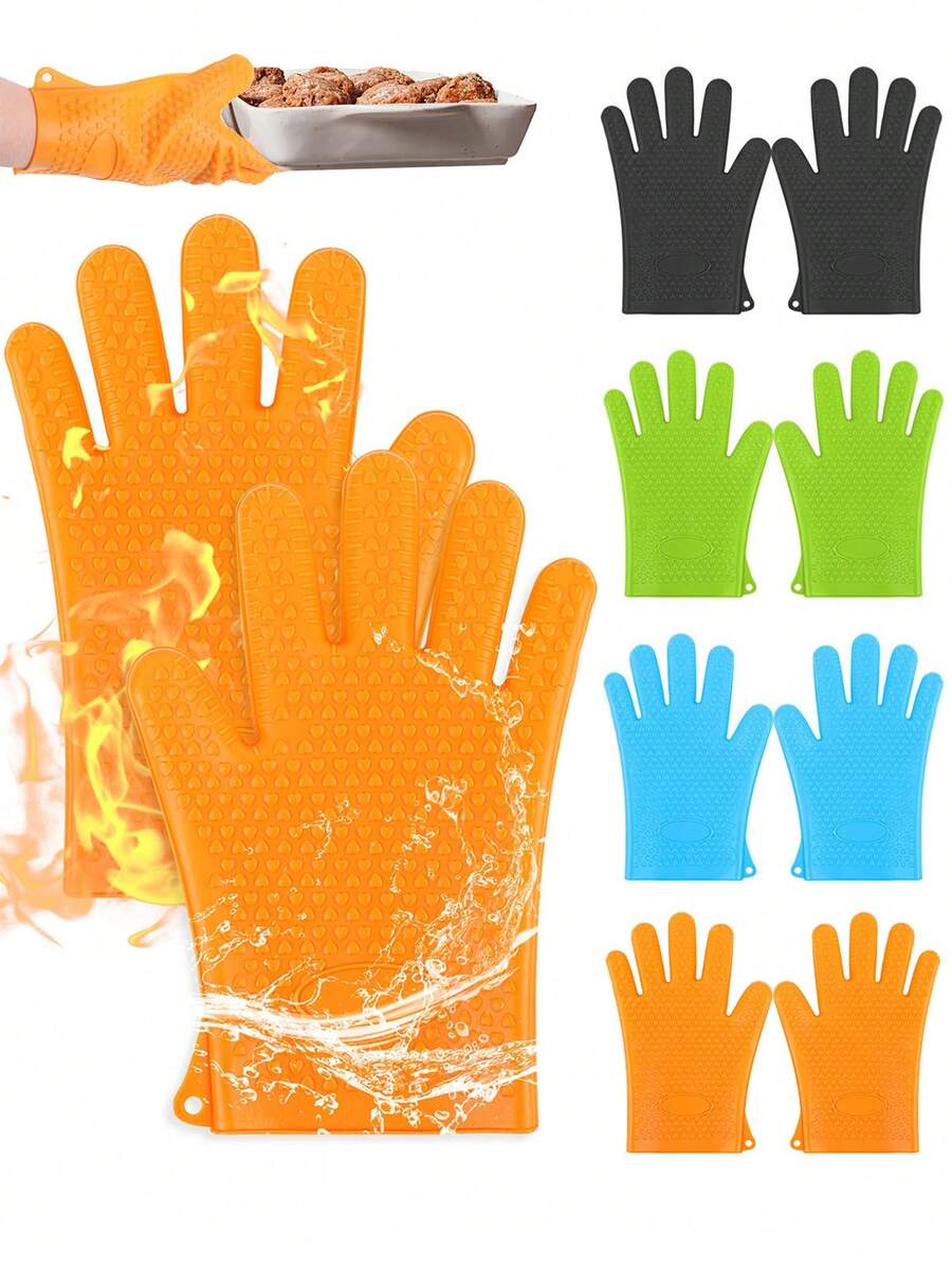 2 Pcs Silicone Grill Gloves Heat Resistant Non Slip BBQ Oven Mitts For Kitchen Baking Waterproof Hand Protection - A Pair - View 1