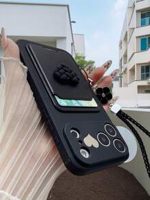 1pc Premium & Edgy Solid Black Phone Case With Matching Faux Leather Card Holder, Woven 3D Heart & Heart Metal Decoration. Comes With Braided Lanyard & Black Four-Leaf Clover Charm. Shockproof, Anti-Slip, Scratch-Resistant. Exclusive Compatible With Iphone 17 Pro Max, Compatible With IPhone 16/15/14/13/12/11 Series - Black - View 2