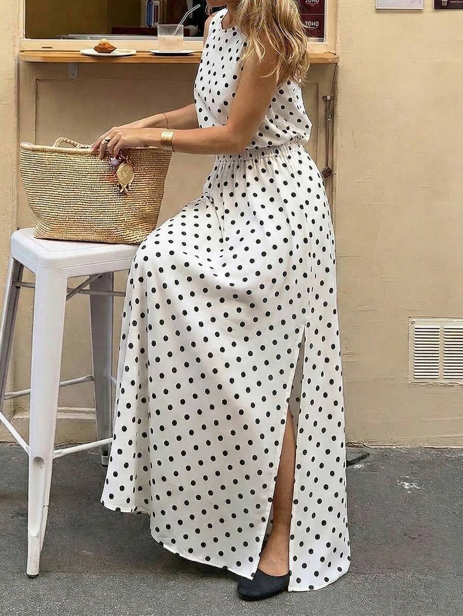 女士休闲度假轻薄仿亚麻黑白波点无袖露脐上衣和开衩长裙两件套，简约时尚，适合约会和日常穿着 - 白色 - 查看 1