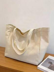 3/1pc Canvas Tote Bag, Thick Durable Daily Commuter DIY Design, Minimalist Elegant Bridesmaid Wedding Gift Bag, Large Capacity Travel Shopping - Beige - View 2