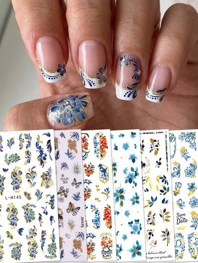 Conjunto de 6 adesivos de unhas estilo palácio retrô europeu azul e dourado - Estampas florais chinesas e borboletas clássicas - Estilo luxuoso e elegante, perfeito para todas as estações / casamentos / decoração de unhas para festas DIY