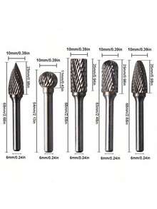 5/9/10件套钨钢旋转锉刀组，1/4英寸（6毫米）柄径双刃雕刻刀头，尺寸分别为6x10毫米/3x6毫米，多功能切割研磨工具，适用于金属/木材/石材加工。 - 鎢鋼磨頭 - 查看 2