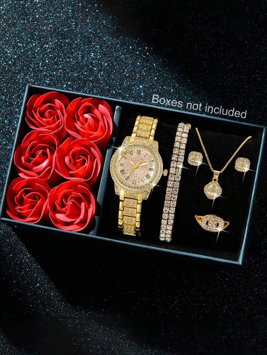 女士腕表，优雅时尚，圆形表盘镶嵌水钻，石英表套装，包含项链、手链、耳环和戒指，是日常佩戴、生日礼物、返校季、感恩节、情侣场合的理想之选。（不含表盒）