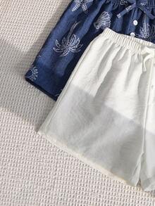 两件套女童夏季休闲短裤，采用米色亚麻面料，饰以海星和棕榈树印花，轻盈透气，适合海滩、旅行、休闲、户外运动、短途旅行，简约时尚的度假风格。 - 彩色 - 查看 6
