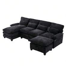 106" U-Shaped Sectional Sofa Cloud Couch For Living Room, Upholstery Comfy Modular Sofas, 4 Seat Chenille U-Shaped Sleeper Sofa, High-Density Sponge Filling, With Chaise Lounge, Ottoman & Pillows(Navy) - 黑色 - 查看 11