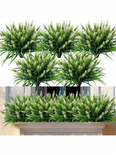 1/5 piezas de lavanda artificial, plantas y flores artificiales para exteriores, lavanda artificial y follaje artificial de plástico, adecuado para macetas de flores de primavera y verano, decoración de porche y jardín, decoración de boda, decoración de primavera, decoración de baño, regalo para mujeres, decoración de inauguración de casa, flores artificiales para exteriores, jardín, alféizar de ventana, macetas de flores de primavera y verano.