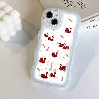 1pc Transparent Wave-Shaped Protective Phone Case With Red Swan Element Pattern, Suitable For Daily Use Compatible With IPhone17Air/17pro/17promax/17/16e/16/15/14/13/12/11/X/Xr/8/7/GalaxyA14/A15/A54/S24/S24Ultra Series