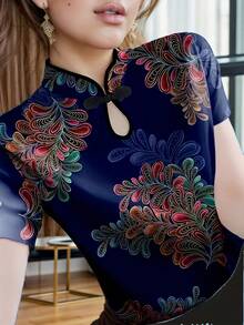 Áo thun tay ngắn cổ sườn xám cải tiến, áo lót nữ in họa tiết ôm dáng thời trang mùa hè mới. - Xanh đậm - Xem 3