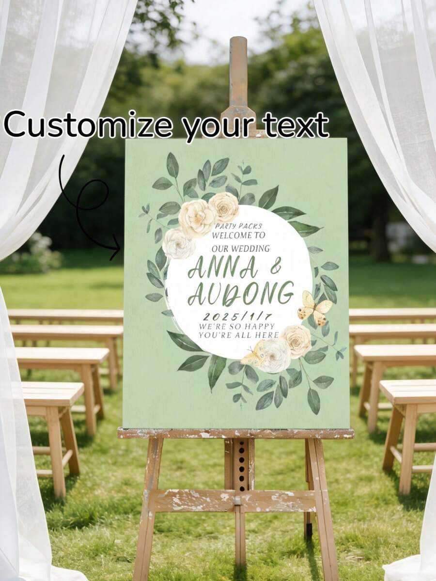 Cartel de bienvenida personalizado con diseño floral de PVC verde - Se puede personalizar con nombre y fecha, adecuado para bodas, aniversarios, cumpleaños y ocasiones especiales - Decoración de plástico reutilizable para el hogar o eventos, exhibición de recepción, decoración de bodas - Multicolor 9 - Ver 1