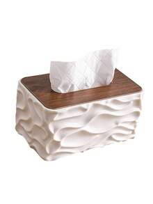 大容量简约创意桌面纸巾盒，塑料材质，适合客厅使用，配有木质盖子 - 彩色 - 查看 12