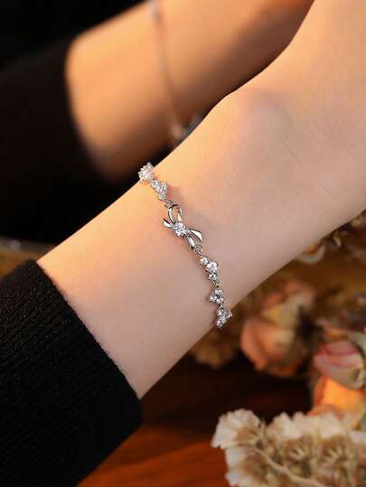 1pc S925 Sterling Silver Delicate Sweet Elegant Cute Niche High-End Zirconia Bowknot Heart Bracelet, Suitable For Women's Daily Wear, Party & Gift