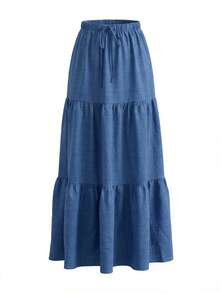 EARO Women's Long Layered Skirt, Drawstring Waist, Casual Fabric, Non-Stretch, Suitable For Daily Wear Spring - Blue - View 2