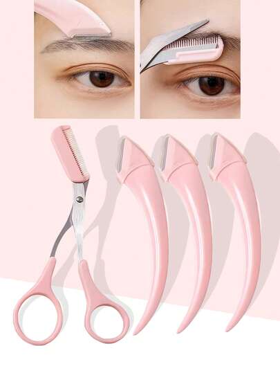 4pcs Eyebrow Grooming Kit, Stainless Steel Angled Eyebrow Razor, Eyebrow Scissors With Comb, Crescent Shaped Eyebrow Trimmer With Comb, Eyebrow Grooming Tools, Anti-Scratch And Shaving Blade, Beginner Eyebrow Trimming Tools, Eyebrow Trimmer, Beauty Tools Suitable For Any Skin Type, Unisex Depilation Accessories, Makeup, Affordable Price, Room Decor, Vanity, Travel, Bedroom, Makeup Accessories, Eyebrow Trimmer