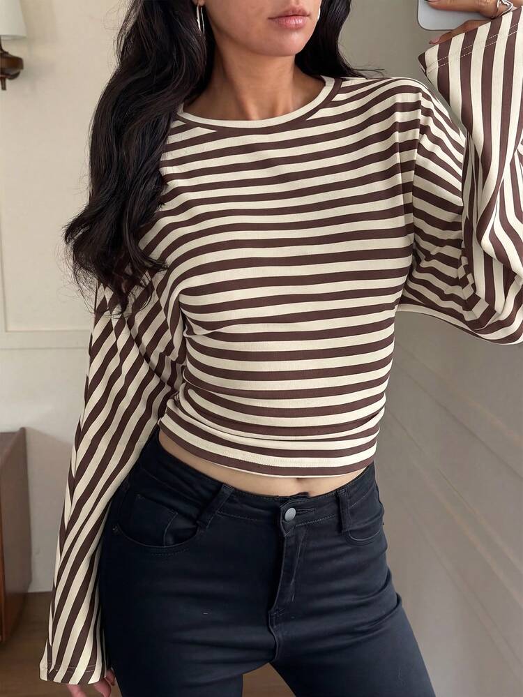 Minimalist Elegant Contrast Color Striped Waist Fitted Casual, Date, Street Wear Blouse For Women Spring - Brown - View 1