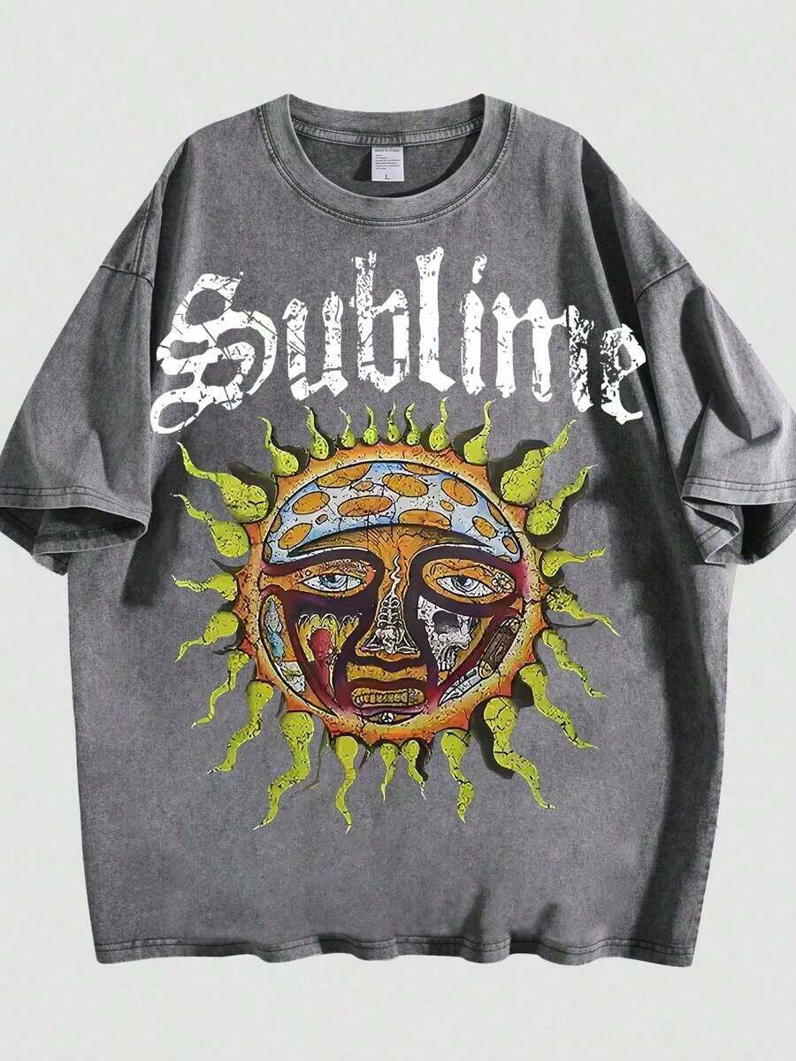 Retro Sun Face Skull Print, SUBLIM Band Style Free Theme Loose Short Sleeved Shirt Vintage Washed CottonT-Shirt Crew Neck Soft Tee For Men Women - 灰色 01 - 查看 1