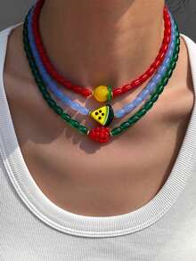 1 pieza Collar de cuentas de vidrio hecho a mano, diseño de fruta transparente de estilo artesanal bohemio, accesorio de moda para la playa, nueva llegada primavera/verano 2026 - rodajas de limón y naranja - Ver 1