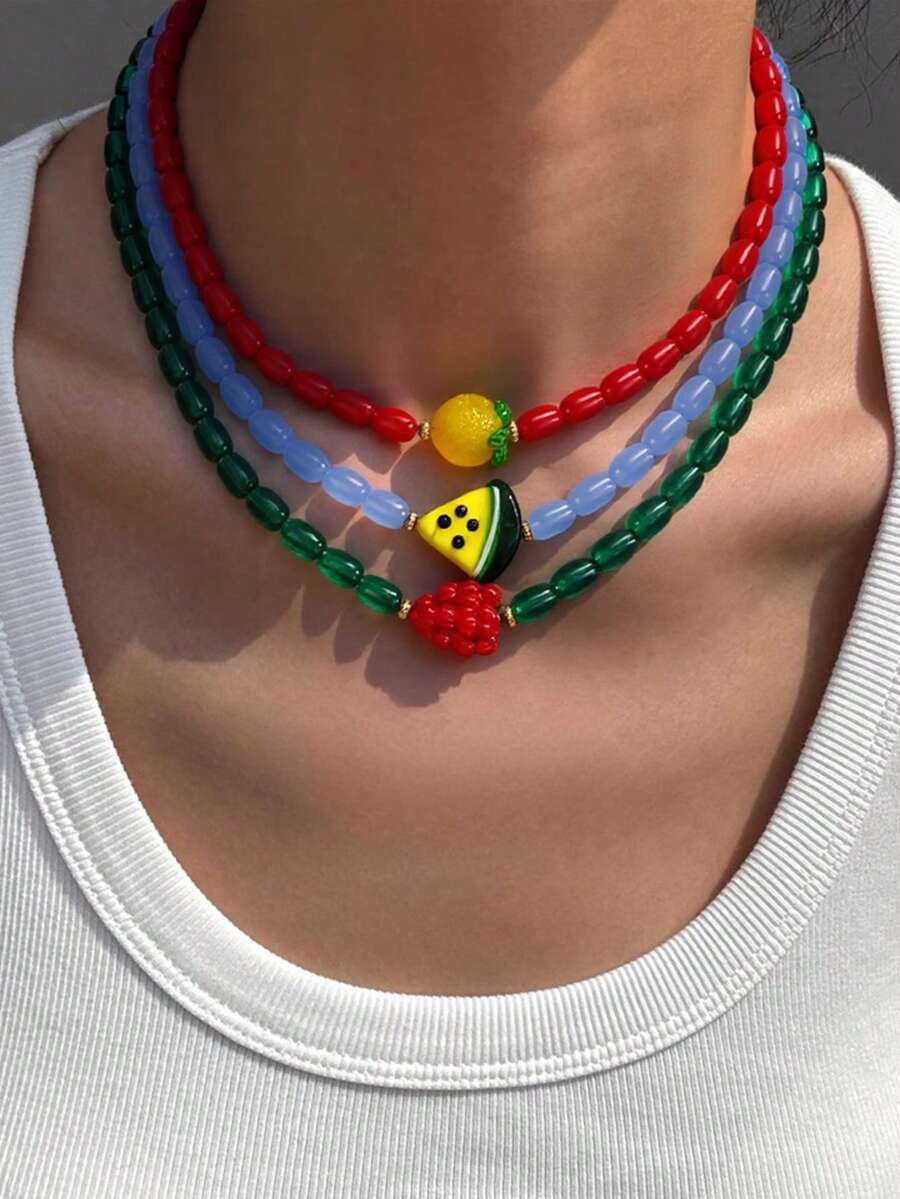1 pieza Collar de cuentas de vidrio hecho a mano, diseño de fruta transparente de estilo artesanal bohemio, accesorio de moda para la playa, nueva llegada primavera/verano 2026 - rodajas de limón y naranja - Ver 1