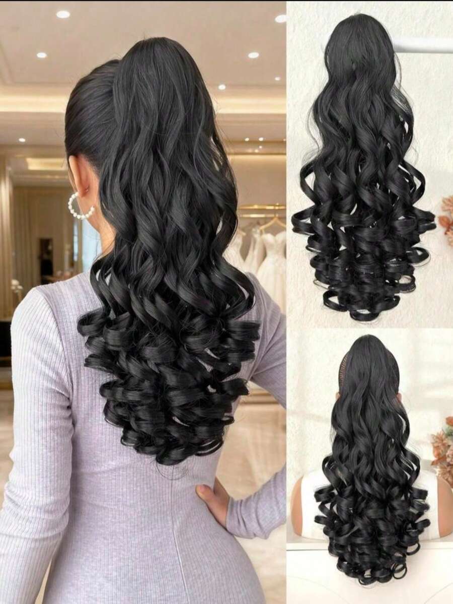 22 Inch Long Wavy Synthetic Hair Ponytail Extension, Long Wavy Braided Wig With Clip, Suitable For Daily Wear, Black Wavy Long Hair Braid - Multicolor - View 1