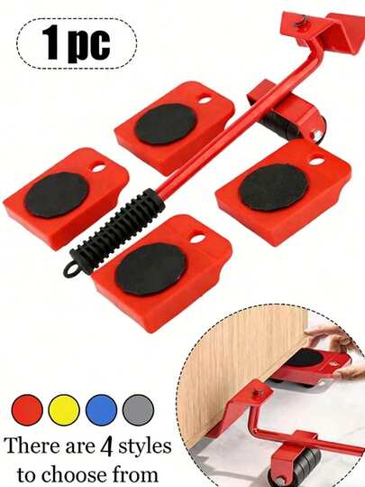 5pcs Heavy Duty Furniture Moving Tool Set With 360° Swivel Wheels - Scratch-Resistant Floor Sliders For Wood/Tile/Carpet | Professional Sofa/Vanity/Refrigerator Moving System | Essential For Apartment Relocation, Dorm Setup & Home Renovation | Ergonomic Lever-Style Mover, Ideal For Solo Movers, Elderly & Home Improvement (Yellow/Red)