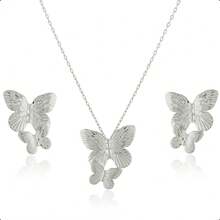 Women's Costume Jewelry Set With Gold Plated Earrings And Delicate Double Butterfly Pendant Chain - 銀 - 查看 7