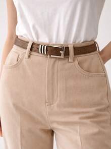 1 Piece Of Women's Thin Brown Belt With Silver Buckle, Classic Metal Style, Versatile, Premium PU Leather With High Durability, 113 Cm Length X 2.5 Cm Height. - Rỉ Nâu - Xem 4