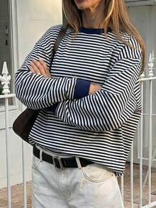 Áo thun nữ dài tay cổ tròn phối màu sọc tương phản mùa xuân/hè Vaiaye, kiểu dáng tối giản, rộng rãi, phù hợp mặc hàng ngày và đi làm. - Màu xanh hải quân - Xem 5