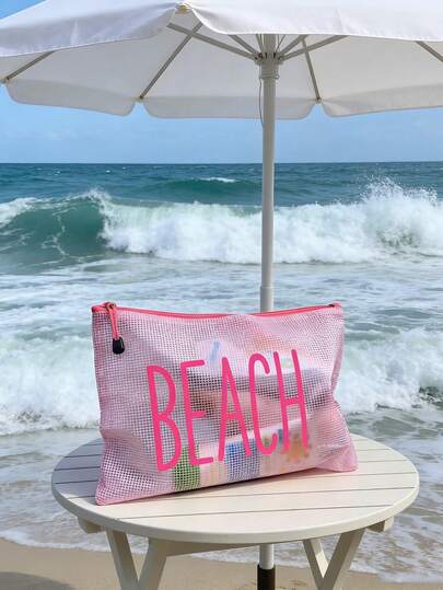 多色防水时尚网布沙滩包，印有彩色“沙滩”字样的化妆包，沙滩主题。大容量透明化妆包，带尼龙拉链的洗漱包 - 轻便，可收纳防晒霜、零食、比基尼和沙滩必备品。春夏收纳，非常适合游泳和沙滩活动。