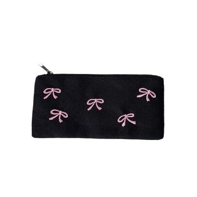 1pc Black Bow Embroidered Pencil Case, Large Capacity Student Stationery Pouch Back To School,Back To School,School Supplies,Pencil Pouch,School Bag
