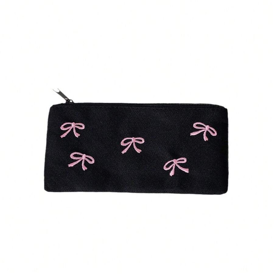 1个黑色蝴蝶结刺绣铅笔盒，大容量学生文具袋，返校季必备，返校用品，铅笔盒，书包 - 單件 - 查看 1