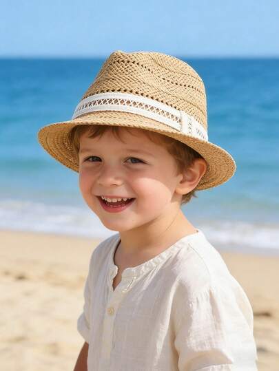 1pc Woven Hollow Straw Sun Hat For Kids, With White Lace Trim, Breathable UV Protection, Suitable For Beach, Vacation, Outdoor Picnic