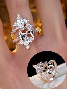 1pc Women's Ring, Asymmetrical Star Stud Design, Minimalist Punk Style, Inlaid Synthetic Cubic Zirconia, Versatile Daily Wear - Ring - View 4