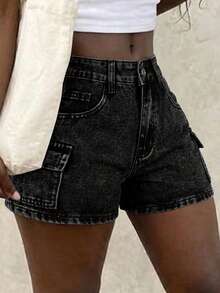女士休闲牛仔短裤，无弹力，拉链直筒裤型，派对风格，黑色，夏季款 - 黑色 - 查看 4
