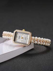 2pcs/Set Women's Gift Pearl Watch With Square Rhinestone Dial, Fashion Casual Pearl Rhinestone Quartz Bracelet Watch + Heart-Shaped Bracelet (Watch Not Included With Box) - Gold - View 7