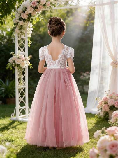 Young Girl Lace Trim V-Neck Mesh Party Dress, Elegant Princess Gown, Suitable For Girls Birthday Party, Wedding, Bridesmaid, Pageant, Pink