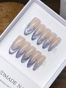 Pure Handmade Press-On Nails, Almond Shape, Purple Hand-Painted Cat Eye Press-On Nails, Y2K, Minimalist Design Nail Art, Full Coverake Nails, Y2K Nails, Stamping Nail Art, Unique Niche Creative Fake Nails, Daily Nail Art, Daily Use, Summer Spring Nails - Multicolor - View 3