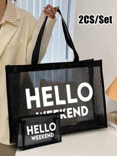Large Mesh Beach Tote Bag For Women, Printed With "Hello Weekend" Letter Pattern, Mesh Beach Bag/Handbag, Mesh Cosmetic Bag, Foldable Large-Capacity Swimming Beach Bag, Waterproof And Sandproof, Letter-Decorated Mesh Beach Handbag/Shoulder Bag For Women, Ideal For Pool Days & Vacations, Personalized Gift Bag, Mother's Day Gift, Birthday Gift, Teacher's Day Gift, Back-To-School Gift For Girlfriend, Wife, Mother.