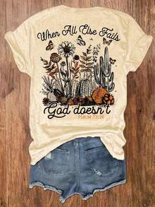 Summer Tops For Women - Christian T-Shirt For Women - "Where Flowers Fall, God Causes Them To Rise Again" (Psalm 136:1) Bible Verse - Beige Inspirational Top With Butterfly And Floral Design, Soft And Breathable, Suitable For Church, Casual Wear, And Religious Gifts - Machine Washable, Slightly Elastic, All-Season Faith Apparel, Spiritual Clothing, Church Attire, Lightweight Material, Comfortable Fit, Scripture Shirt, Faith Community - 杏色 - 查看 2