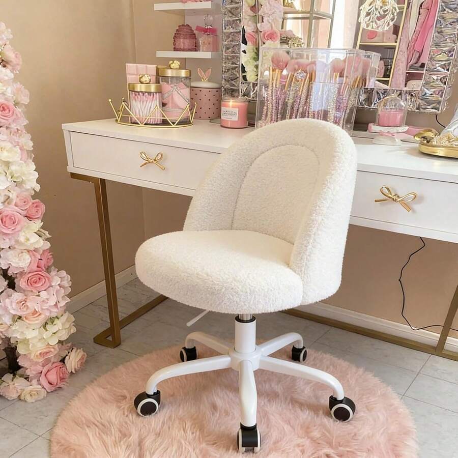 White Vanity Chair With Wheels, Cute Desk Chair With Back, Armless Office Chair Height Adjustable, Soft Lumbar Support For Small Space, Bedroom - 白色 - 查看 1