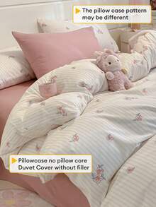 柔软透气花卉床品套装，3件套 - 米粉色条纹花卉设计，精选合成面料，易于打理且不易褪色，触感柔软，四季皆宜，网红同款，（1件被套+2件枕套，不含被芯和枕芯，枕套图案随机裁剪），单人/双人/小号/大号/特大号 - 粉色 - 查看 9