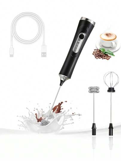 1pc Rechargeable Electric Milk Frother, Detachable With 2 Stainless Steel Whisk Heads, 3 Speed Settings To Meet Different Whipping Needs, Portable Handheld Milk Foamer Suitable For Eggs, Milk, Matcha, Latte, Cappuccino, An Ideal Kitchen Gift