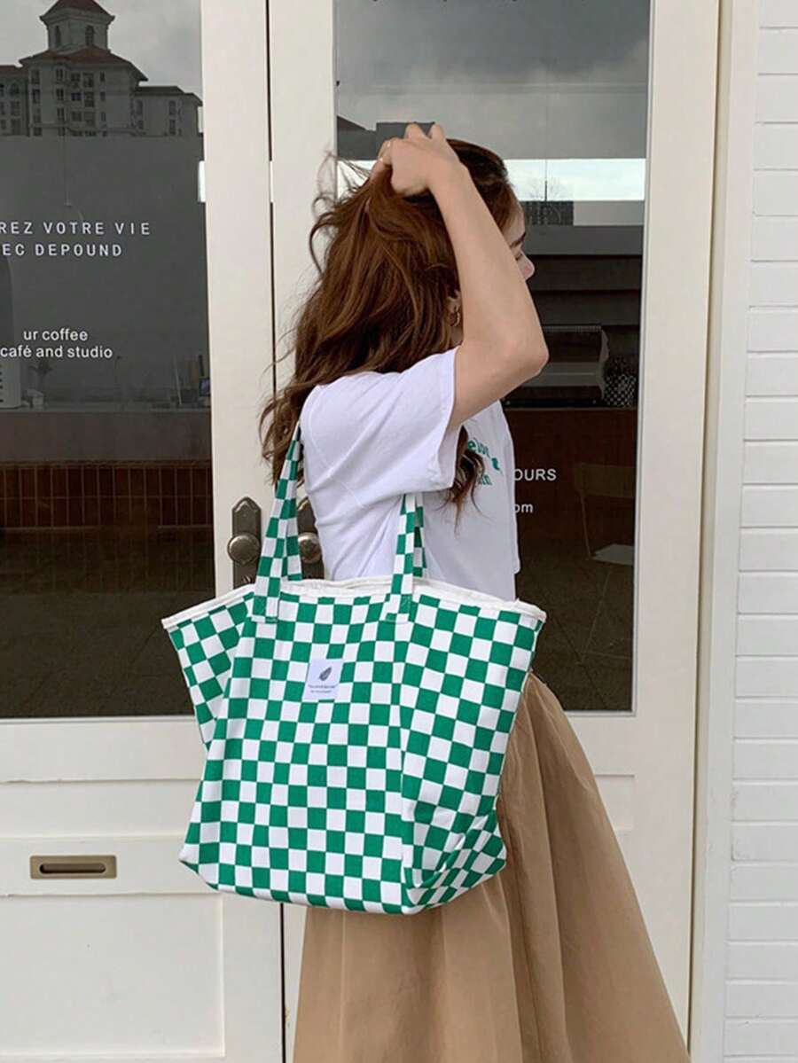 Túi tote vải bố kẻ caro đen trắng, dung tích lớn. - màu xanh lá - Xem 1